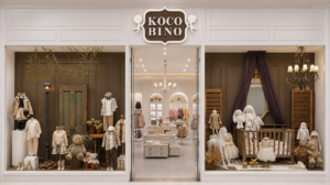 Koco Bino baby and kids store showcasing elegant children’s clothing, babywear, toys and nursery pieces in beautifully styled window displays.