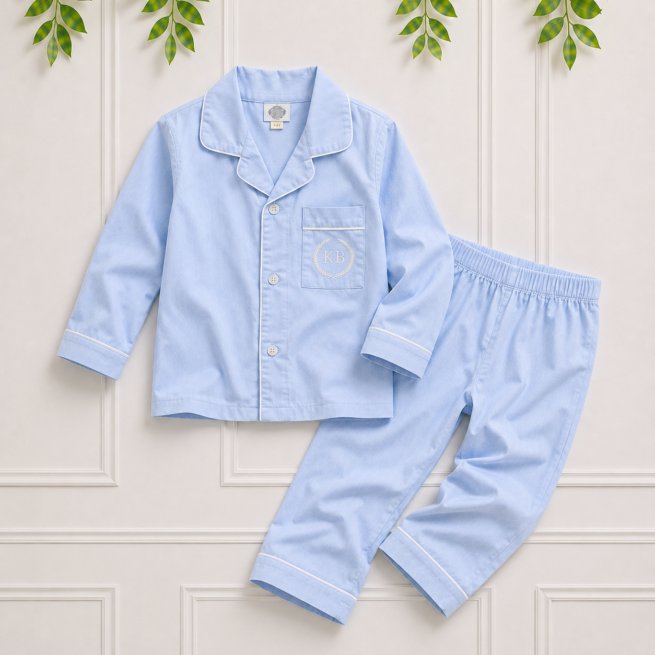 Light blue boys cotton pyjamas with white piping, long sleeve button shirt and matching trousers, premium children's sleepwear by Koco Bino.