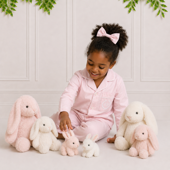 Black girl wearing pink cotton pyjamas playing with a family of pink and white plush bunnies in a cosy studio by Koco Bino.