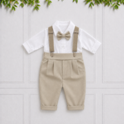 Baby wedding suit with white shirt, stone trousers, matching suspenders and bow tie, perfect for weddings, page boys and formal occasions.