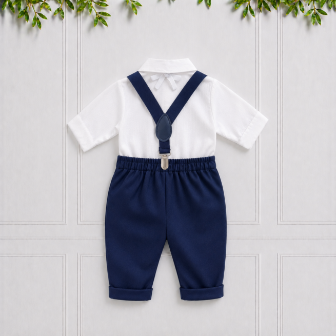 Back of Baby boy suit with white shirt, navy trousers, matching bow tie and suspenders, perfect for weddings & christenings.