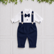 Baby boy suit with white shirt, navy trousers, matching bow tie and suspenders, perfect for weddings, christenings and special occasions.