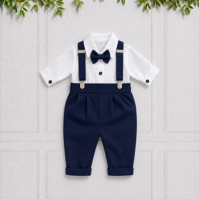 Baby boy suit with white shirt, navy trousers, matching bow tie and suspenders, perfect for weddings, christenings and special occasions.