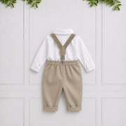 Back view of khaki toddler suit with adjustable suspenders and a white long sleeve shirt, displayed against a white paneled background.