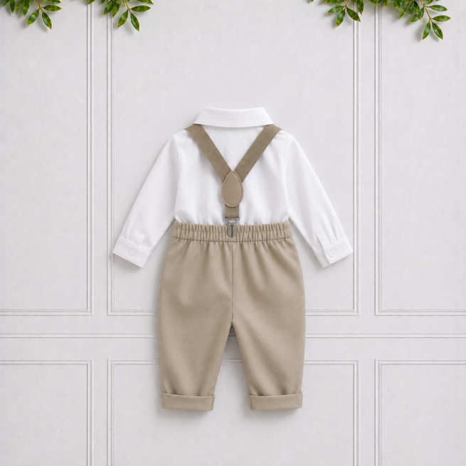 Back view of khaki toddler suit with adjustable suspenders and a white long sleeve shirt, displayed against a white paneled background.