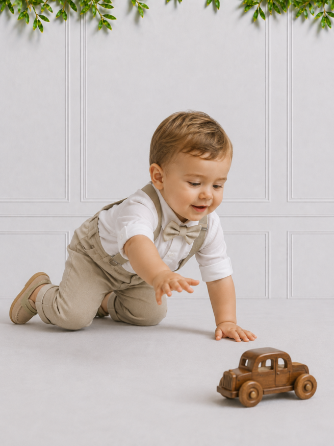 Toddler boy wearing a stone wedding suit, with bow tie & suspenders, while chasing a wooden car.