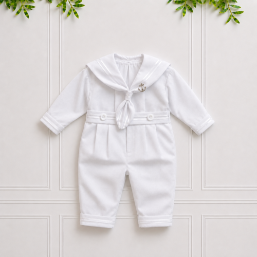 White baby boy sailor suit with long sleeves, sailor collar, tie, anchor detail and tailored trousers, perfect for christenings and special occasions.