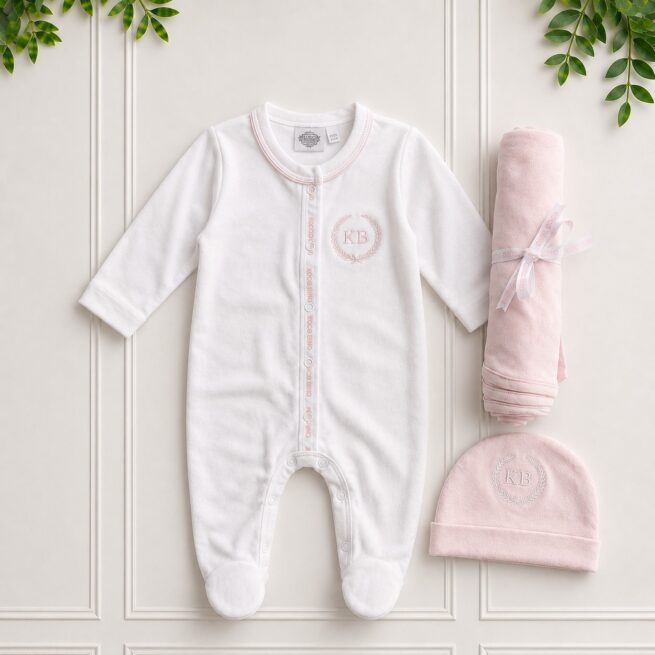 Baby girl gift set with a white babygrow, pink blanket and matching hat displayed on an elegant white background with greenery.