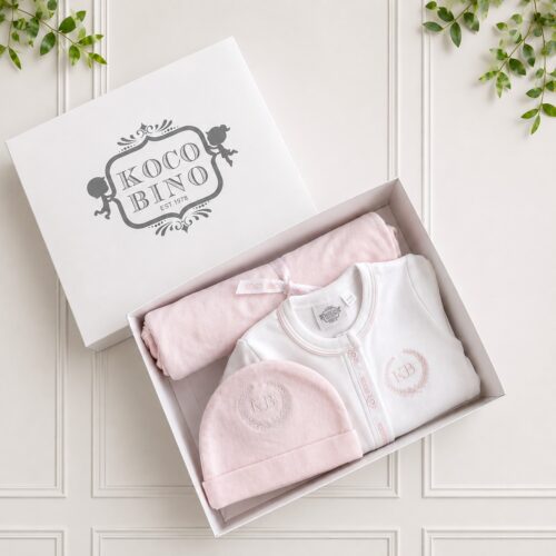 Baby girl gift set beautifully packed in a luxury Koco Bino gift box with a white babygrow, pink blanket and matching hat.