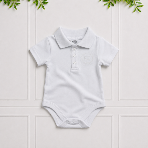 White short-sleeved baby boy bodyvest with a classic collar and embroidered KB crest, crafted from soft cotton for everyday comfort and style.