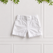 Boys white cotton sateen chino shorts with classic styling and turned-up cuffs, displayed flat against a white panelled background.