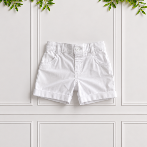 Boys white cotton sateen chino shorts with classic styling and turned-up cuffs, displayed flat against a white panelled background.