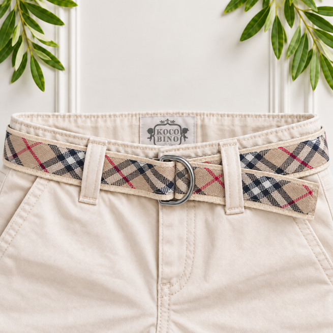 Boys’ beige check belt with black, white and red pattern and silver double-ring fastening by Koco Bino.