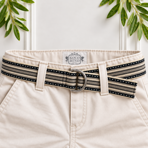 Boys belt with black, stone and camel striped ribbon by Koco Bino, styled on natural trousers