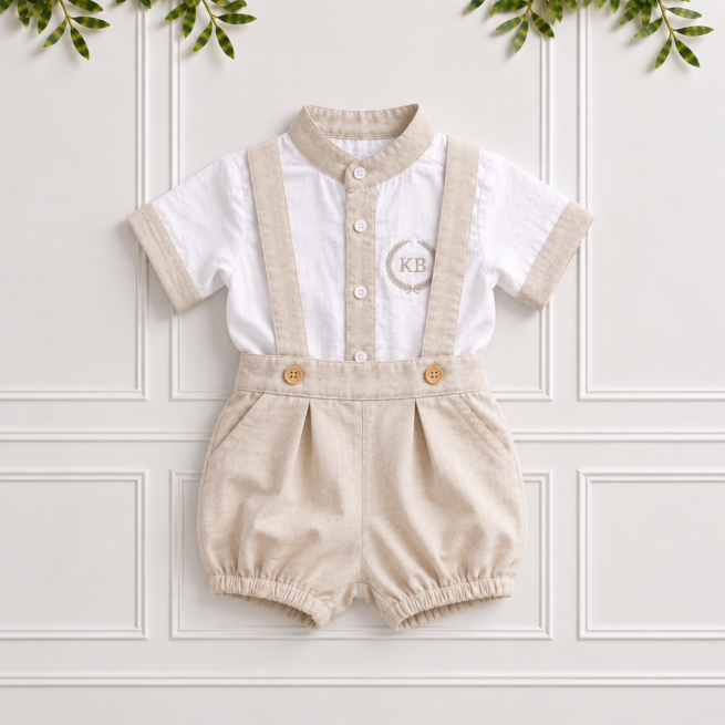 Baby boy bloomers with stone linen braces paired with a white shirt, displayed on a cream panelled wall with leafy greenery.