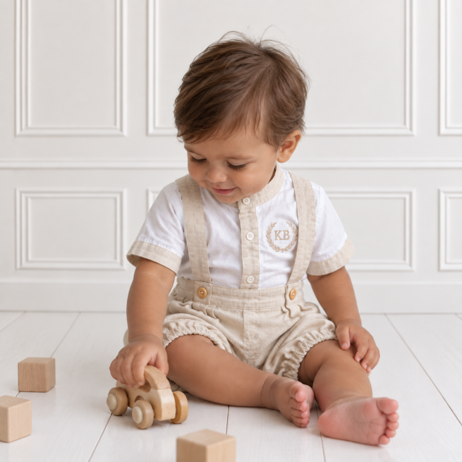 Baby boy wearing natural stone linen bloomers with adjustable braces