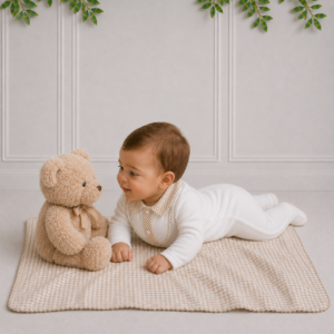 Baby wearing a white onesie with gingham trim beside a teddy bear, showcasing designer kids clothing in South Africa.
