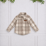 Beige and ivory boys' check long sleeve shirt with a classic collar, button front, curved hem and signature Koco Bino leather logo detail.