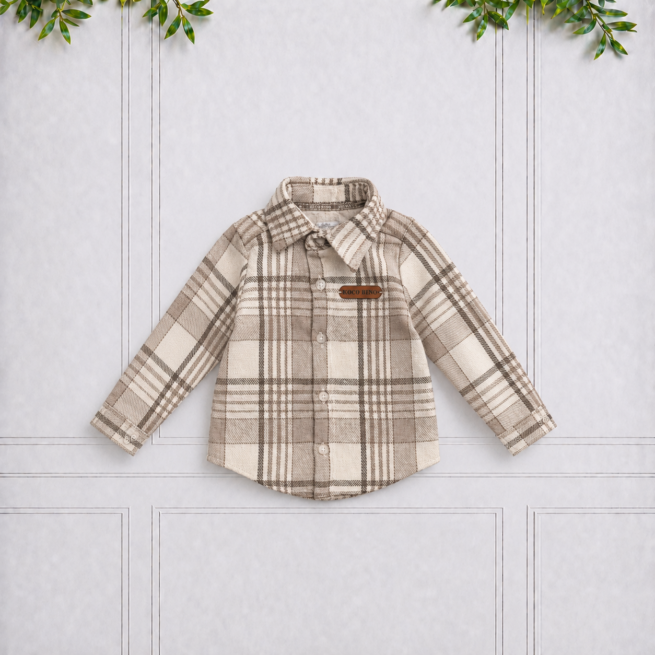 Beige and ivory boys' check long sleeve shirt with a classic collar, button front, curved hem and signature Koco Bino leather logo detail.