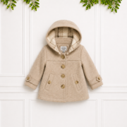 Classic beige children's coat with front buttons, pocket details and coordinating plaid-lined hood, displayed against a white paneled backdrop.