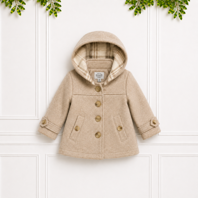 Classic beige children's coat with front buttons, pocket details and coordinating plaid-lined hood, displayed against a white paneled backdrop.
