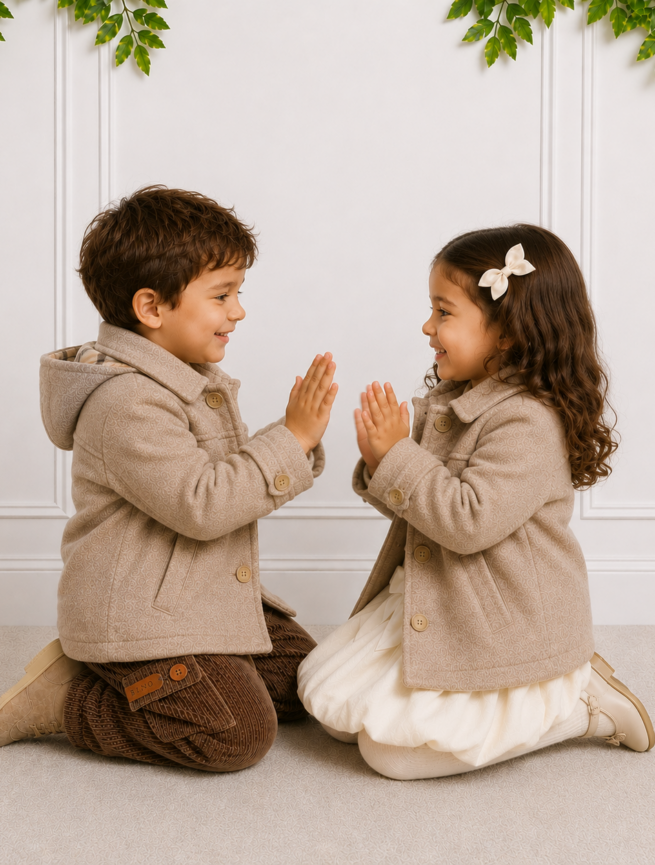 Boy & Girl wearing our unisex Gabriel Coat while playing with each other.
