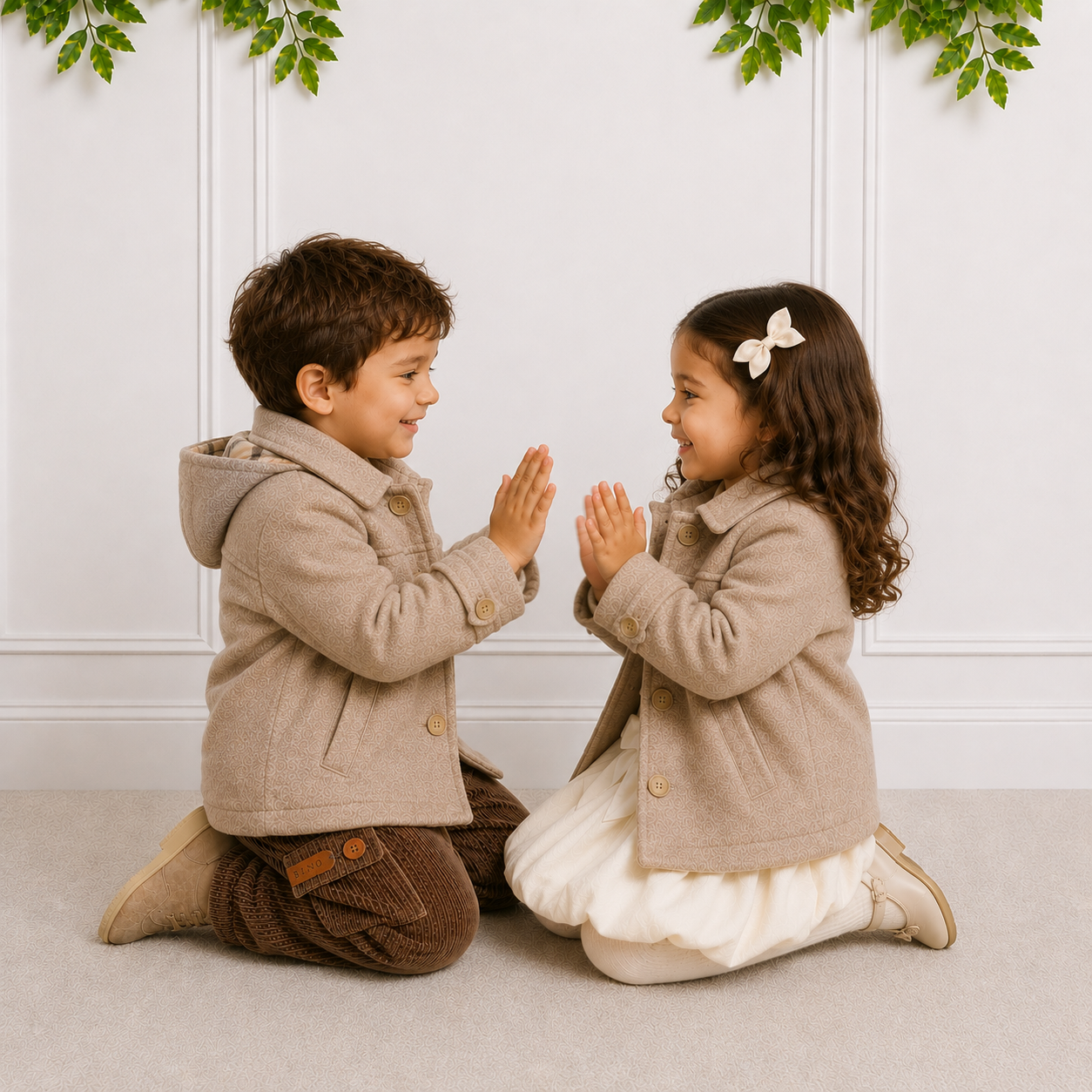 Boy & Girl wearing our unisex Gabriel Coat while playing with each other.