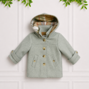 Inside view of the Shaun Coat highlighting its cosy plaid lining, sage outer fabric and detachable hood detail.