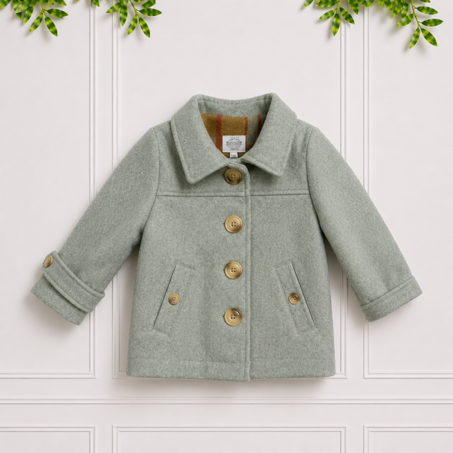 Classic Shaun Coat in sage with an open front revealing its checked lining, perfect for warmth and timeless style.