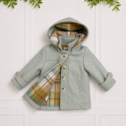 Shaun Coat in sage green with a detachable hood, plaid lining, button front and cosy rolled cuffs for timeless winter style.