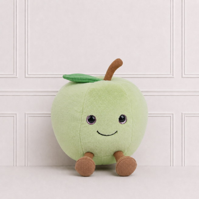 Soft light green apple plush toy with sparkling embroidered eyes, smiling face, green leaf and brown stem on a neutral background for décor.