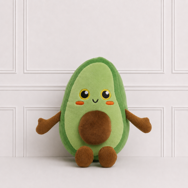 Soft avocado plush toy with embroidered smiling face, rosy cheeks and plush seed, displayed on a neutral background for nursery décor.