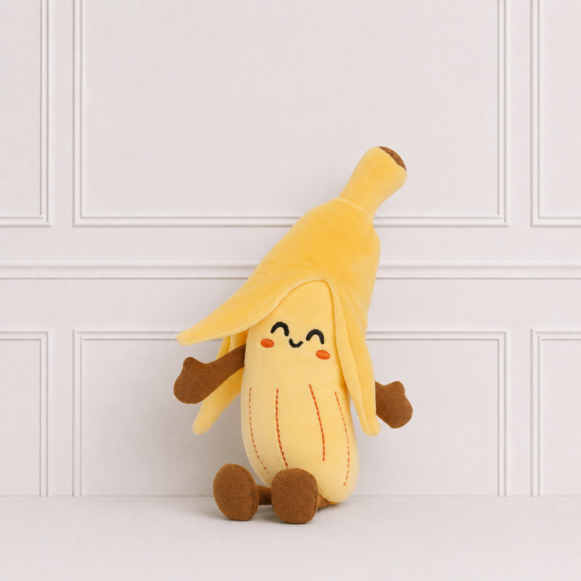 Soft yellow banana plush toy with embroidered smiling face, rosy cheeks and peel-back design, displayed on a neutral background for nursery décor.