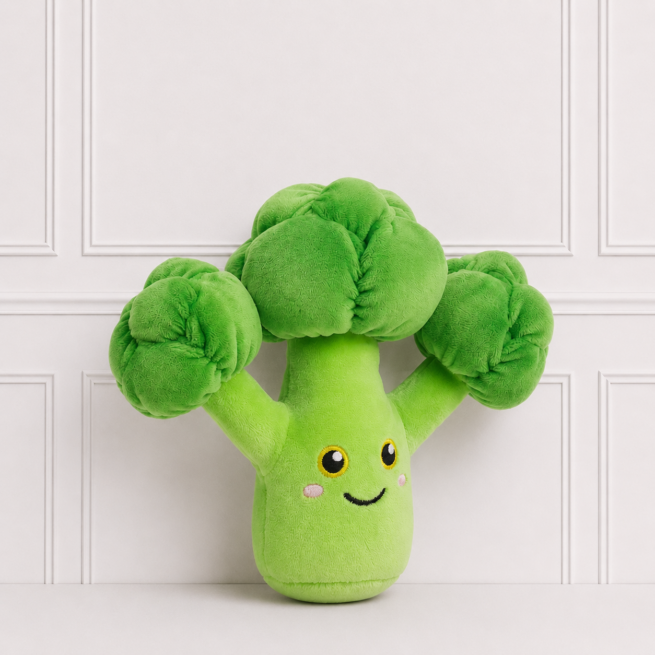 Soft green broccoli plush toy with embroidered smiling face, rosy cheeks and fluffy florets, displayed on a neutral background for nursery décor.
