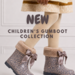 Front cover image for Koco Bino's Children's Gumboot Collection blog, featuring stylish leopard print girls' gumboots.