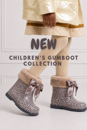 Front cover image for Koco Bino's Children's Gumboot Collection blog, featuring stylish leopard print girls' gumboots.