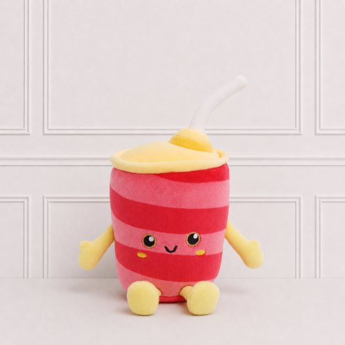 Soft cola cup plush toy with pink and red stripes, embroidered smiling face, yellow lid and straw, on a neutral background for nursery décor.