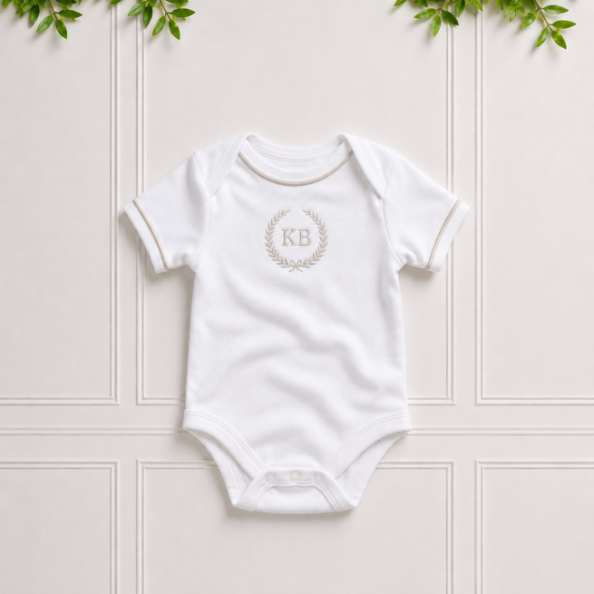 White baby vest in soft cotton interlock with elegant stone piping and stone KB embroidery, perfect for newborn comfort and everyday wear.