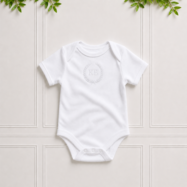 White baby bodyvest in premium cotton interlock with envelope neckline and elegant white KB embroidery for everyday comfort and style.