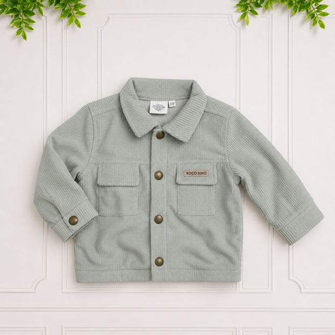 Soft sage corduroy shacket featuring gold snap buttons, chest pockets, a classic collar and signature Koco Bino branding.