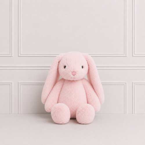 Soft pink bunny plush toy with long floppy ears, pink nose and cuddly design, displayed on a neutral background for nursery décor and play.