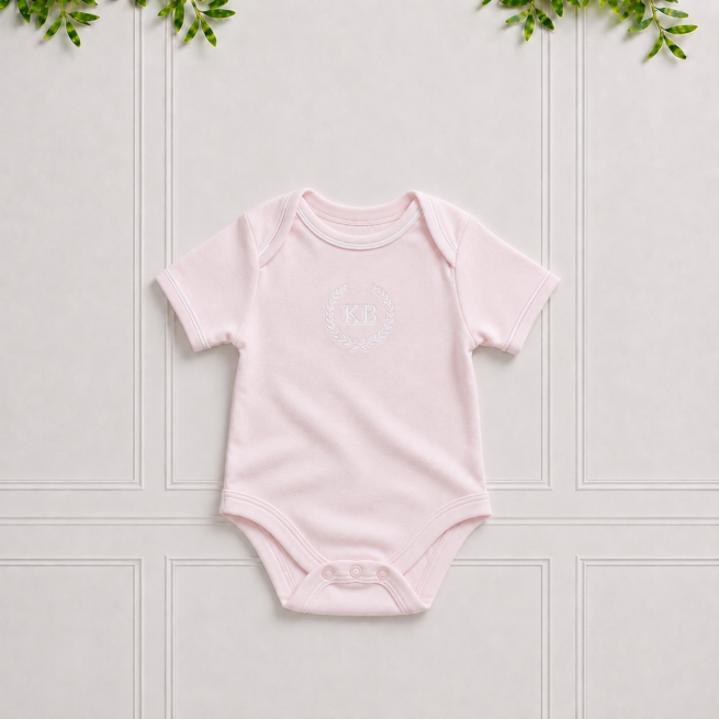 Soft baby pink vest in premium cotton interlock with envelope neckline and elegant white KB embroidery for everyday comfort and style.