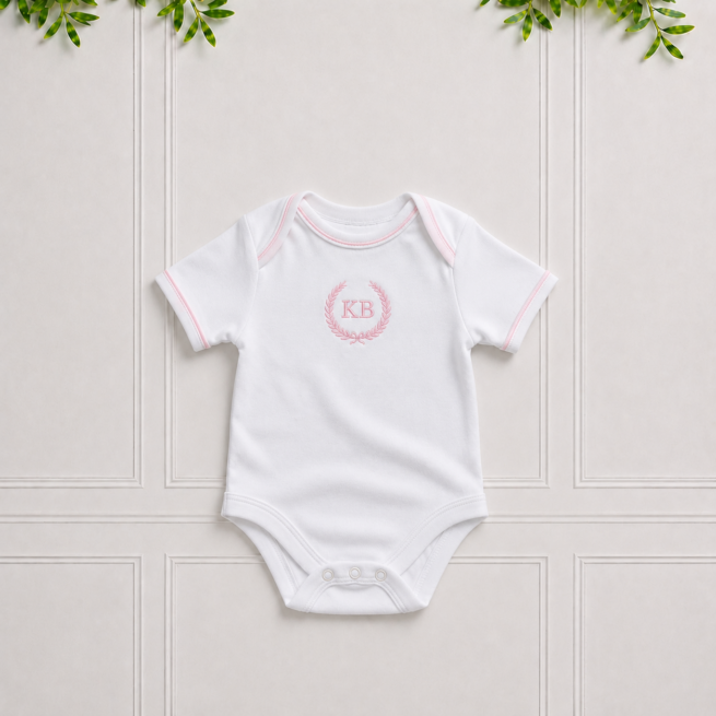 White baby vest in premium cotton interlock with soft pink piping, envelope neckline and elegant pink KB embroidery for everyday comfort.