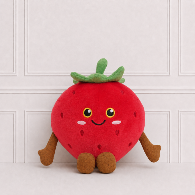 Adorable strawberry plush toy with a cheerful embroidered face, soft red fabric and leafy green top, displayed on a white surface against a classic panelled backdrop.