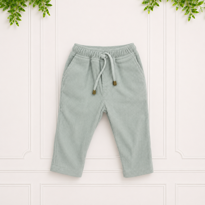 Sage green baby corduroy track pants with drawstring waist and gold cord ends, displayed flat on a white paneled background with green foliage above.