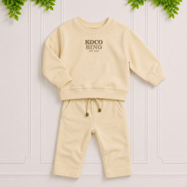 Matching cream sweatshirt and track pants set with Koco Bino logo, ribbed trims, drawstring waist and a timeless everyday design.