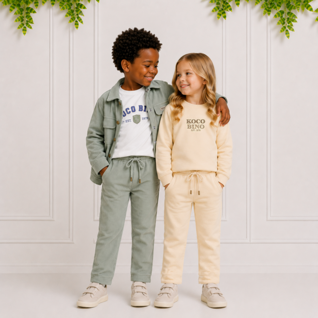 Two children smiling in matching Koco Bino tracksuits, standing together in sage green and cream outfits with white sneakers on a paneled background.
