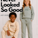 Children wearing Koco Bino unisex tracksuits in Beige and Sage with the slogan "Comfort Never Looked So Good" for the AW2026 collection.
