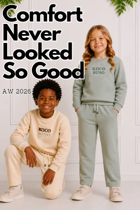 Children wearing Koco Bino unisex tracksuits in Beige and Sage with the slogan "Comfort Never Looked So Good" for the AW2026 collection.