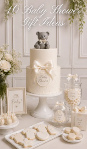 Luxury baby shower gifts display with an elegant teddy bear cake, sweets, cookies and neutral décor for a stylish South African celebration.
